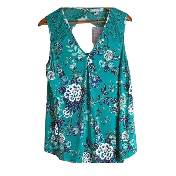 Daniel Rainn Sleeveless Green Crochet Lace Floral Print Cutout Top Tunic Size 3X - Picture 3 of 8